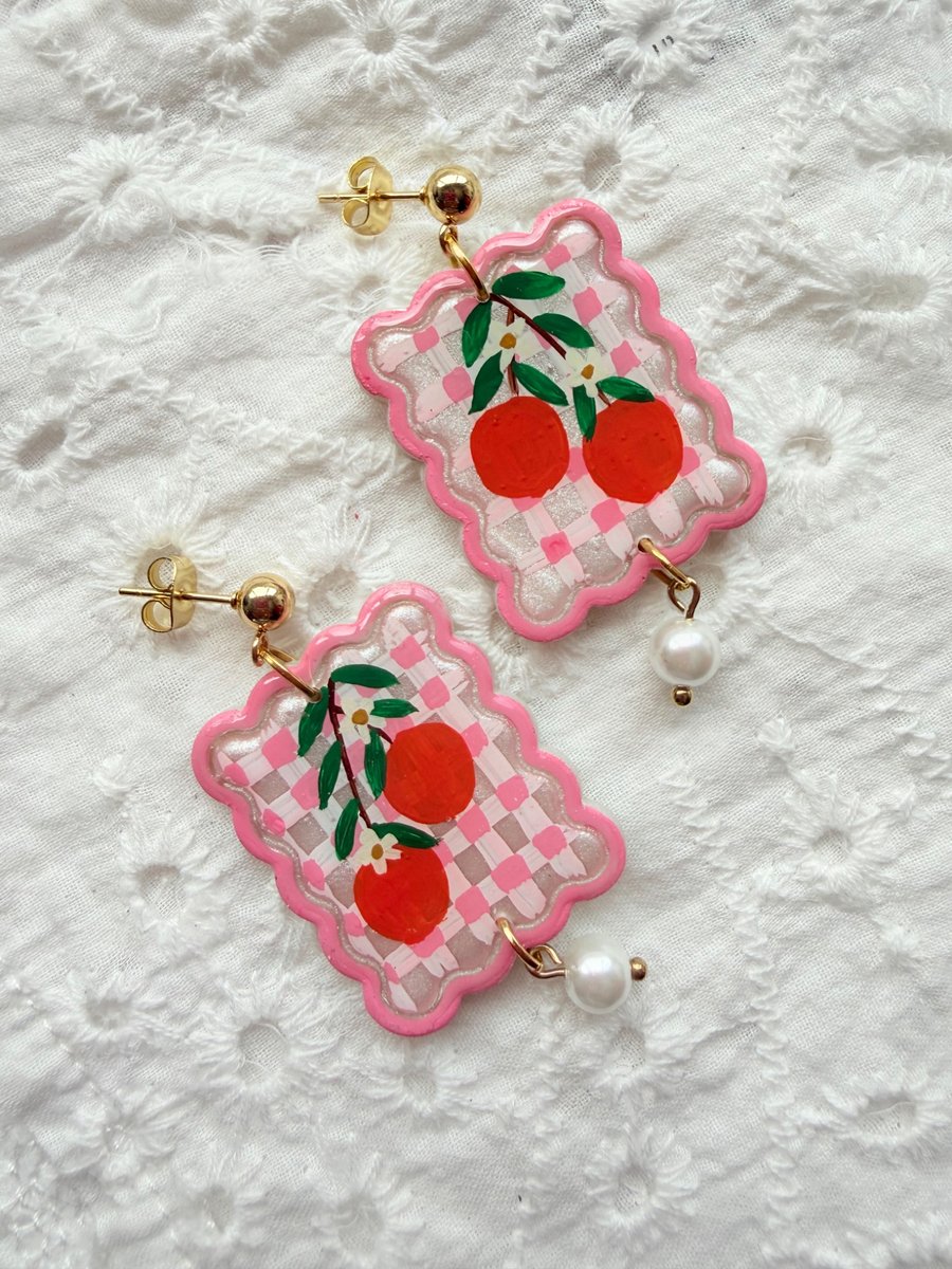 Pink Gingham Orange Pearl Earrings
