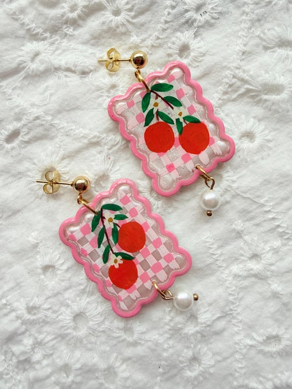 Pink Gingham Orange Pearl Earrings