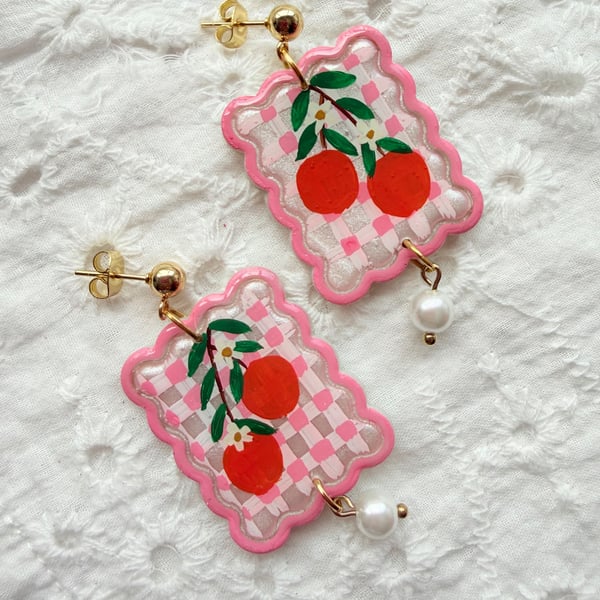 Pink Gingham Orange Pearl Earrings