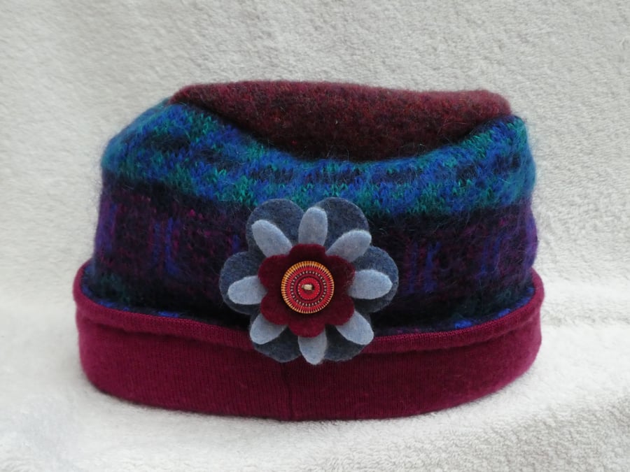 Wool Hat Created from Up-cycled Sweaters. Mohair Hat.Flower Pin