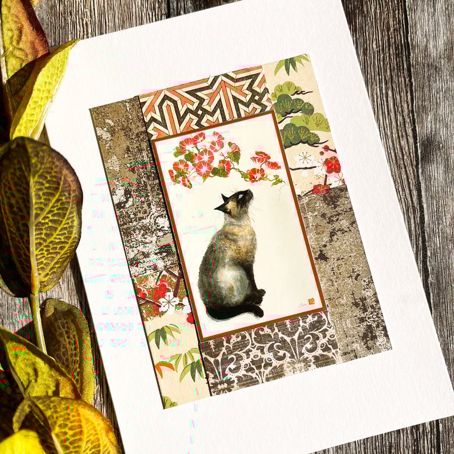 Siamese cat card, blank handmade card for cat lover, card to frame