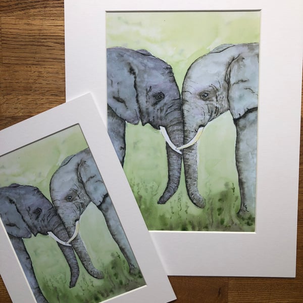 A4 or A3 mounted print of Elwood and Eloise Elephant from original watercolour 