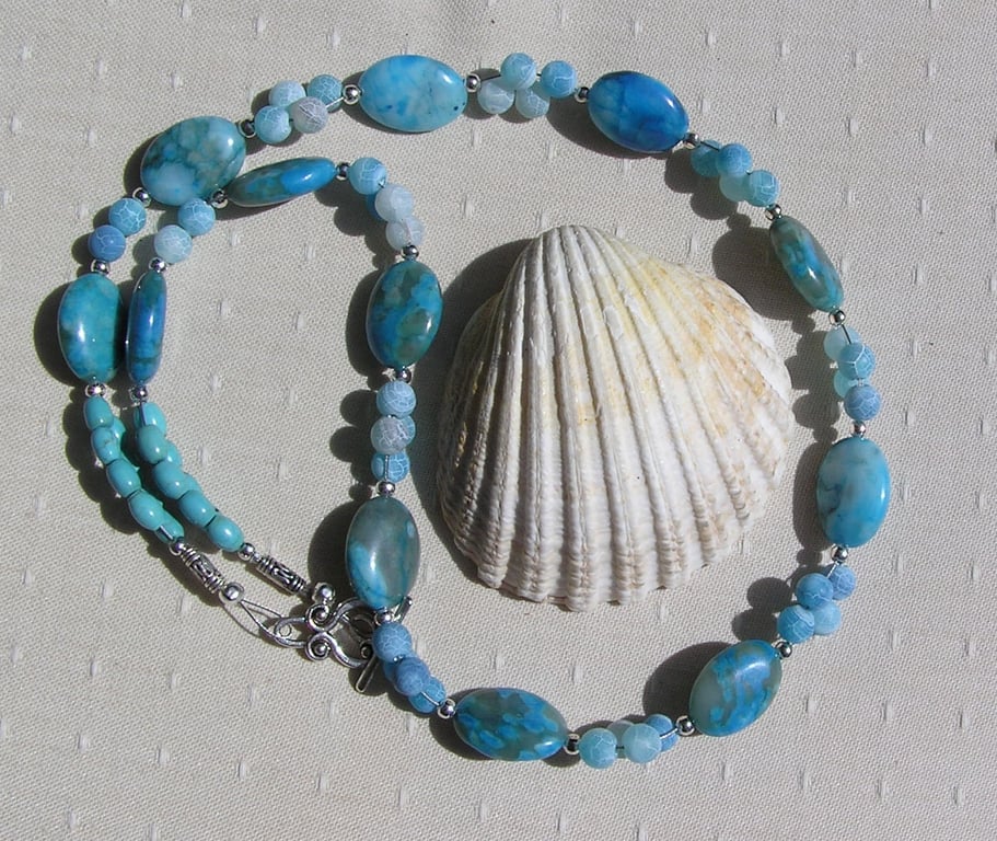 Turquoise Crazy Lace Agate & Magnesite Gemstone Statement Beaded Necklace