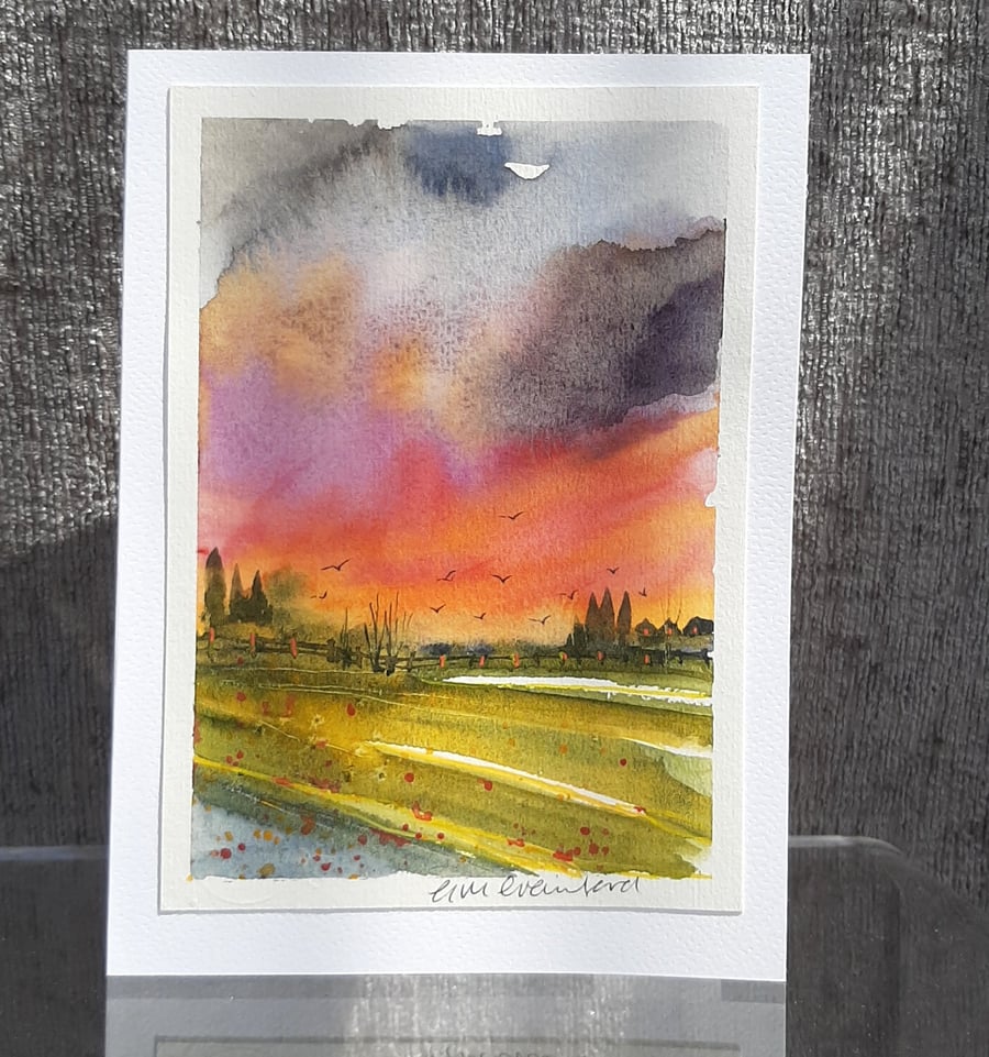 Sunset Fields. Blank Card. Original Watercolour