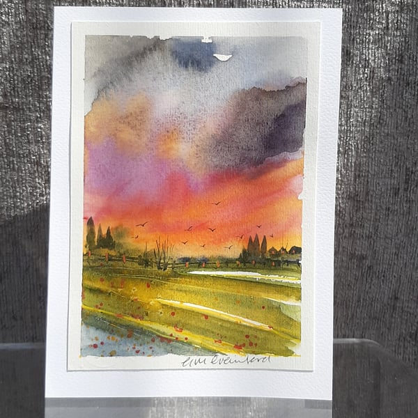 Sunset Fields. Blank Card. Original Watercolour