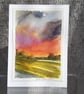Sunset Fields. Blank Card. Original Watercolour