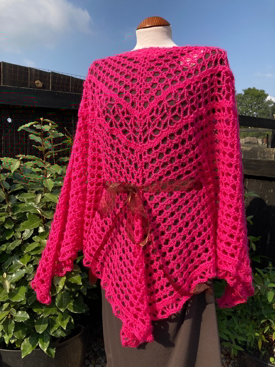 Handmade Lace Blouse Cover Up Handkerchief Top in Fuchsia Pink Merino Wool Yarn