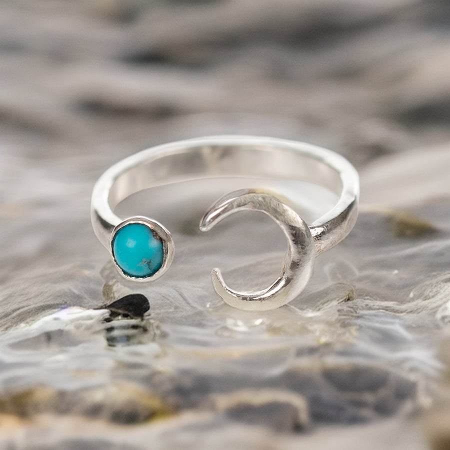 Silver Crescent Moon and Turquoise Ring