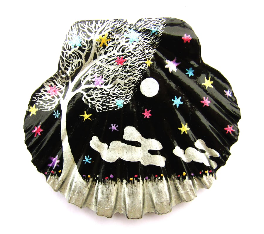 Hare Moon Stars Painting, Seashell Art, Mothers Day Gift, Baby Rabbit, Easter 