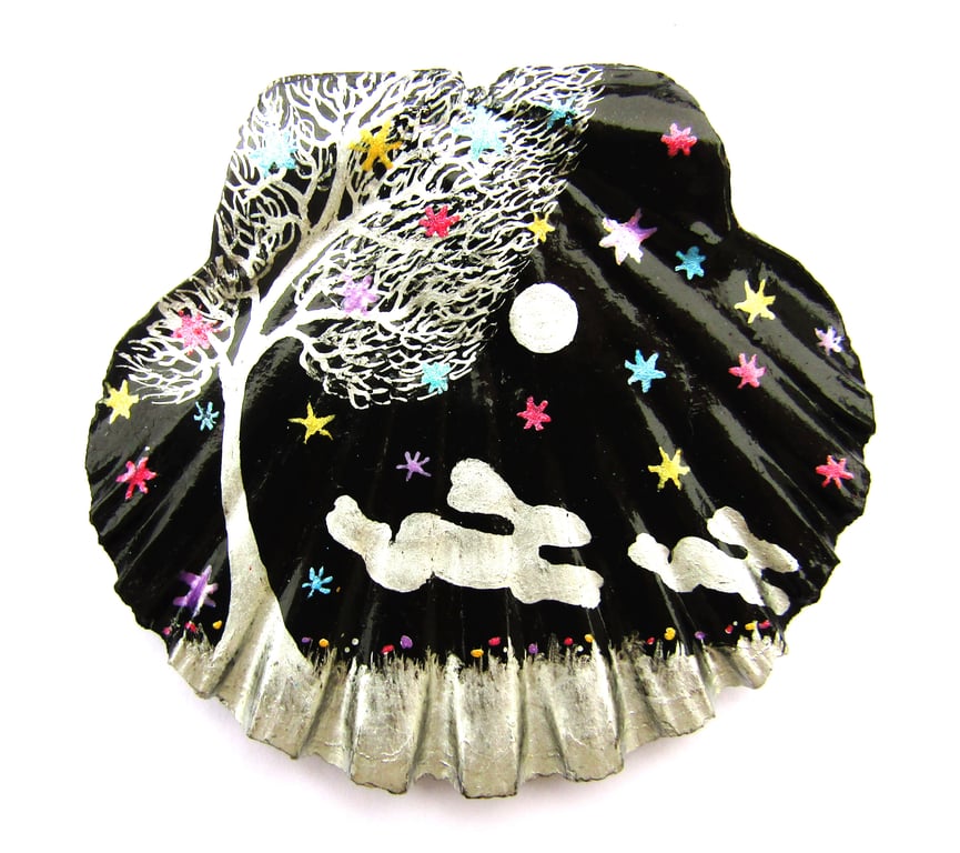 Hare Moon Stars Painting, Seashell Art, Mothers Day Gift, Baby Rabbit, Easter 