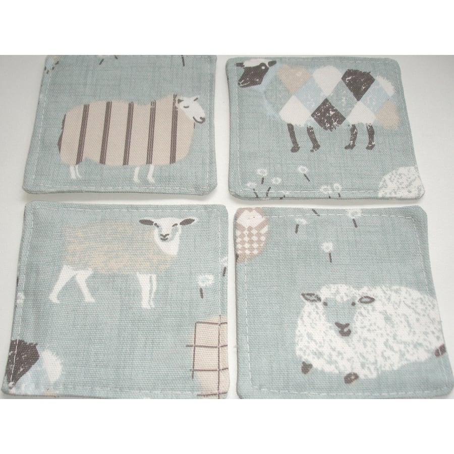 Set of 4 Sheep Fabric Coaster Coasters Four Pack Cotton Washable