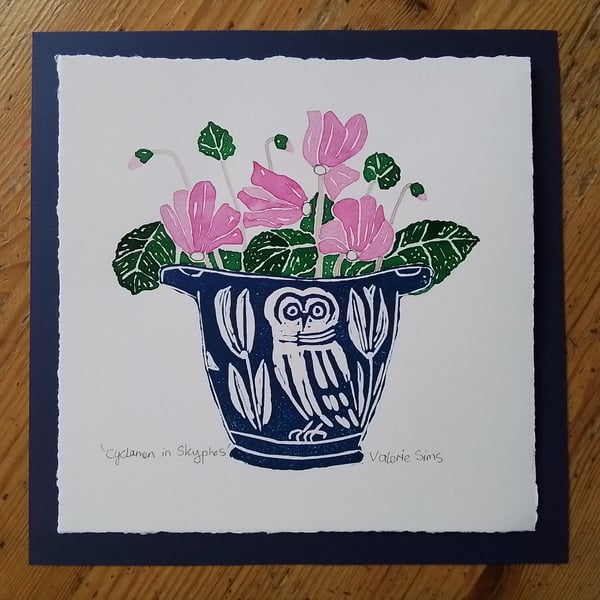 Cyclamen in Skyphos - Linocut print - Original Art for Nature lovers 