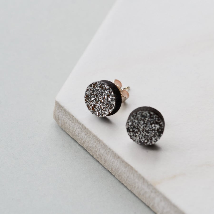 Silver Glittery Wooden Circle Ear Studs