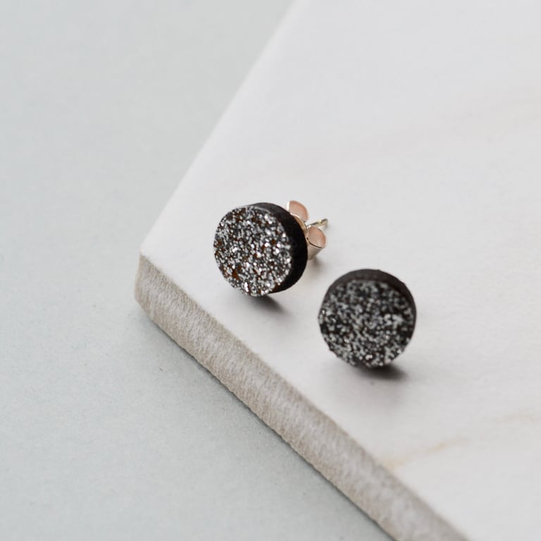 Silver Glittery Wooden Circle Ear Studs