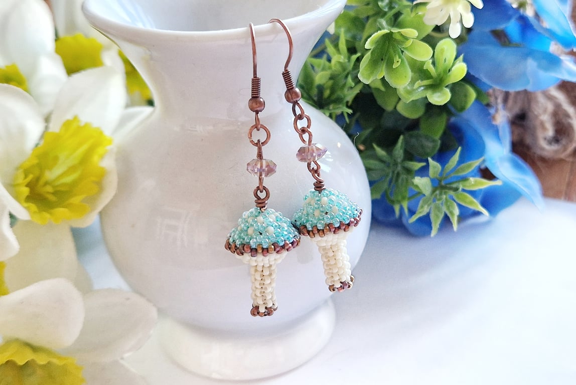Turquoise Beaded Toadstool Earrings 