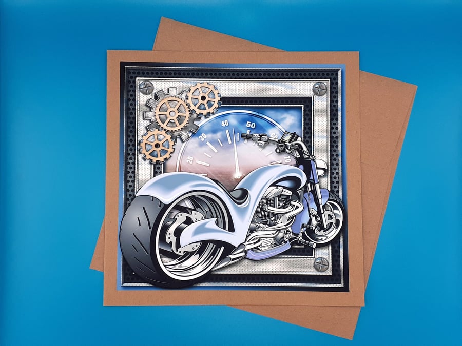 Motorbike Birthday Card, 8x8inches, 20x20cms, Decoupage, Father, Son, Grandson, 