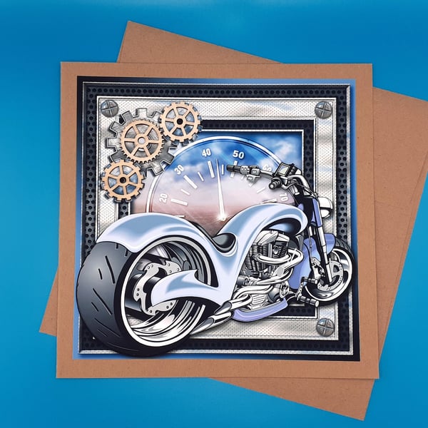 Motorbike Birthday Card, 8x8inches, 20x20cms, Decoupage, Father, Son, Grandson, 