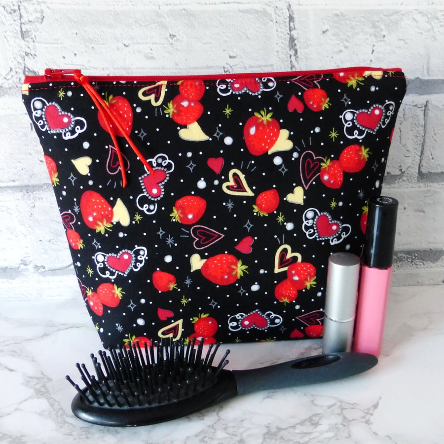 SALE:Large zipped pouch, make up bag, strawberries & hearts