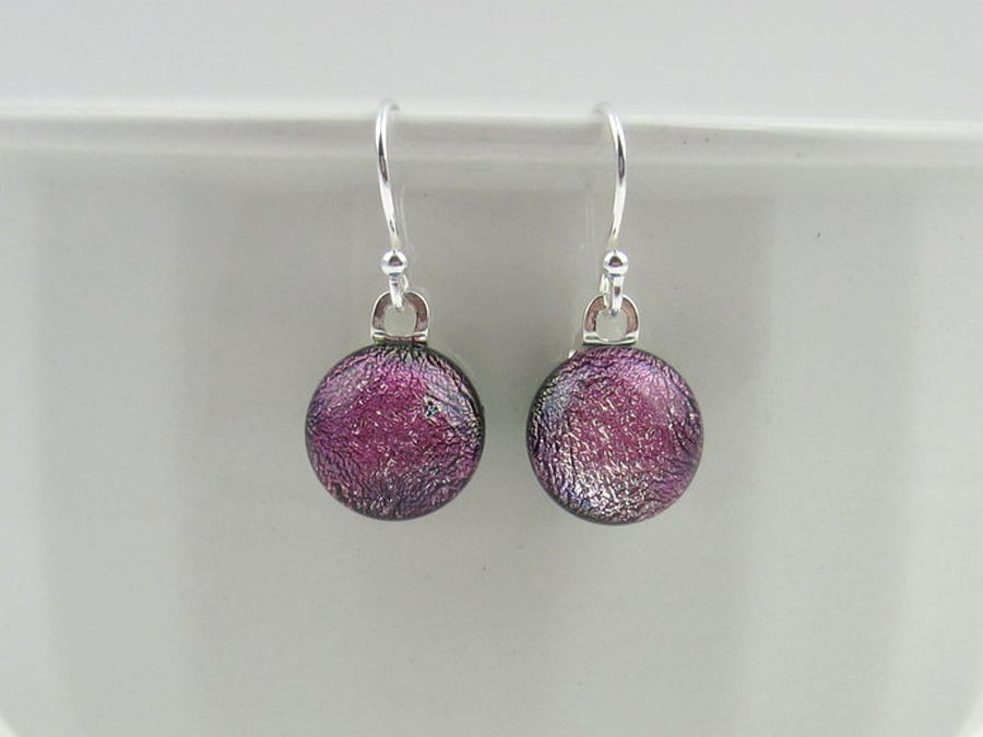 Pink iridescent glass drop earrings, fused glass, sterling silver earwires