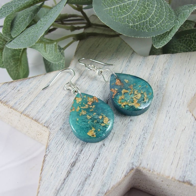 Earrings, Sterling Silver and Resin Art. Turquoise Blue with Copper Accents