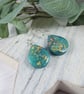 Earrings, Sterling Silver and Resin Art. Turquoise Blue with Copper Accents