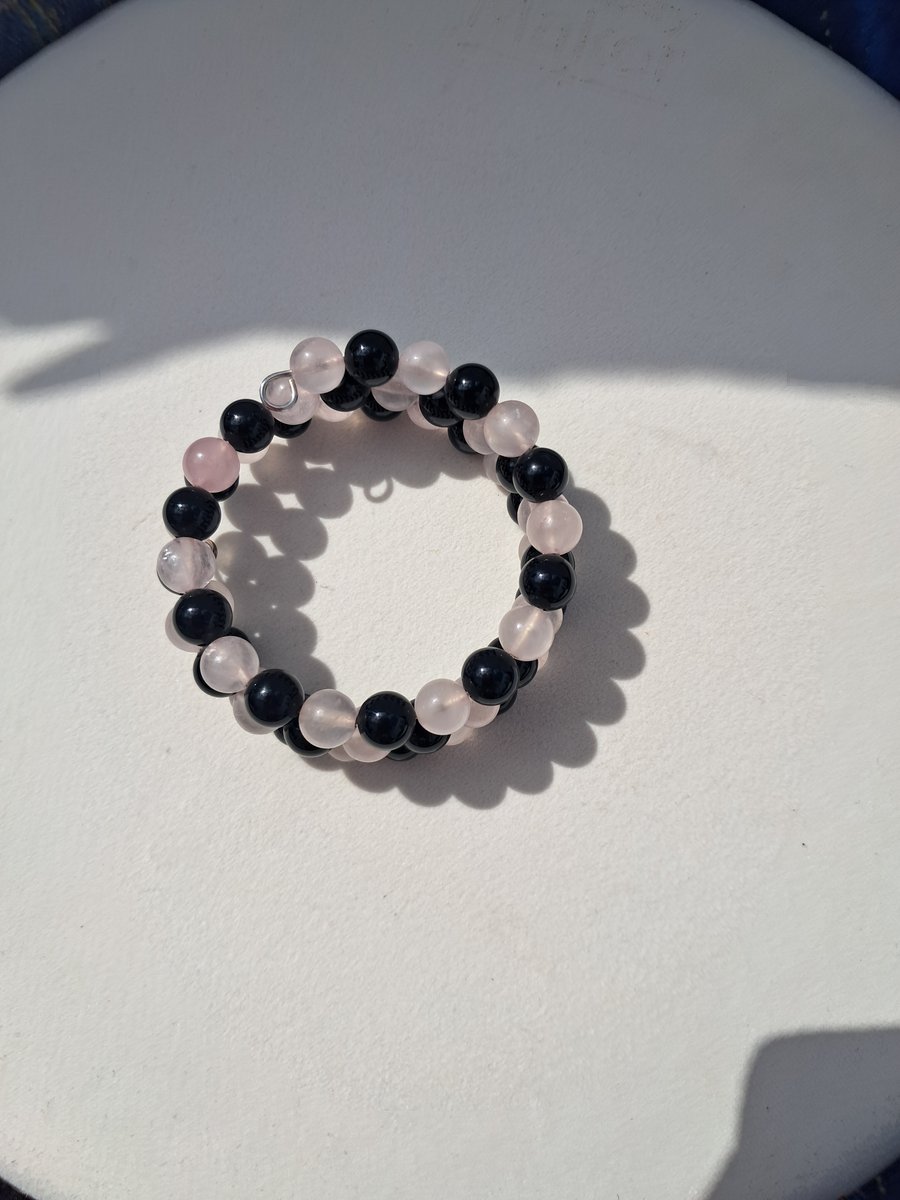 Rose Quartz and Black Agate Memory Wire Bracelet
