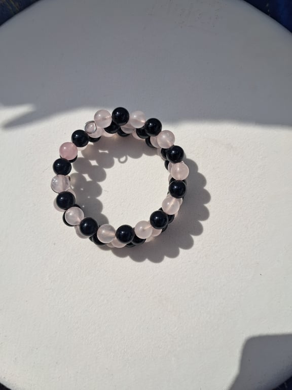 Rose Quartz and Black Agate Memory Wire Bracelet