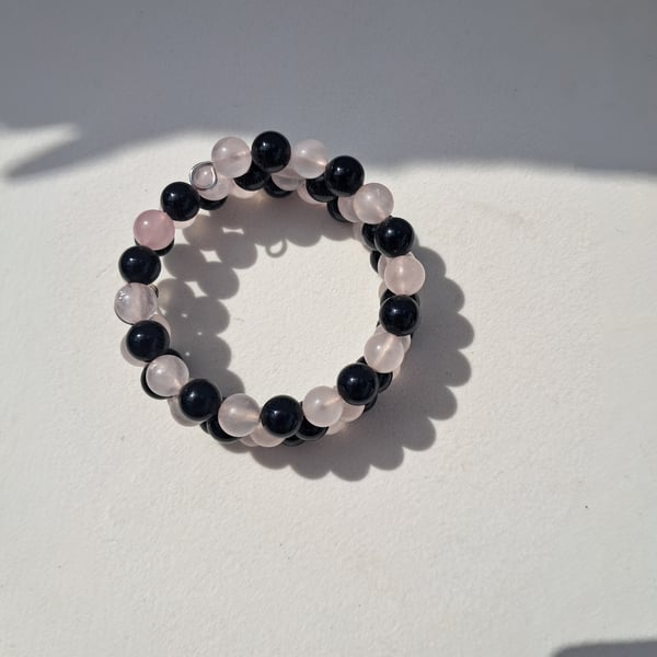 Rose Quartz and Black Agate Memory Wire Bracelet