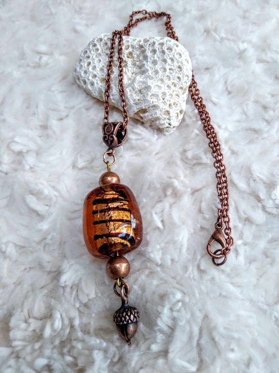 Amber hand-made LAMPWORK glass and copper bead ACORN necklace