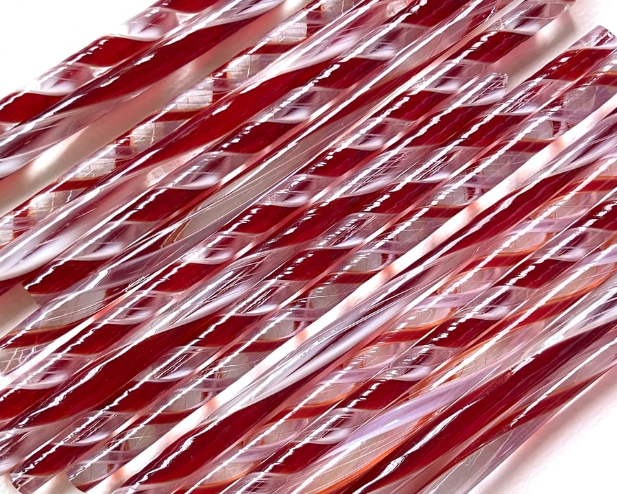 Red and White lacy twisted cane offcuts Bullseye 90 coe glass Vitrigraph twisty