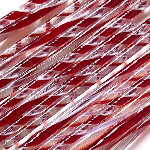 Red and White lacy twisted cane offcuts Bullseye 90 coe glass Vitrigraph twisty