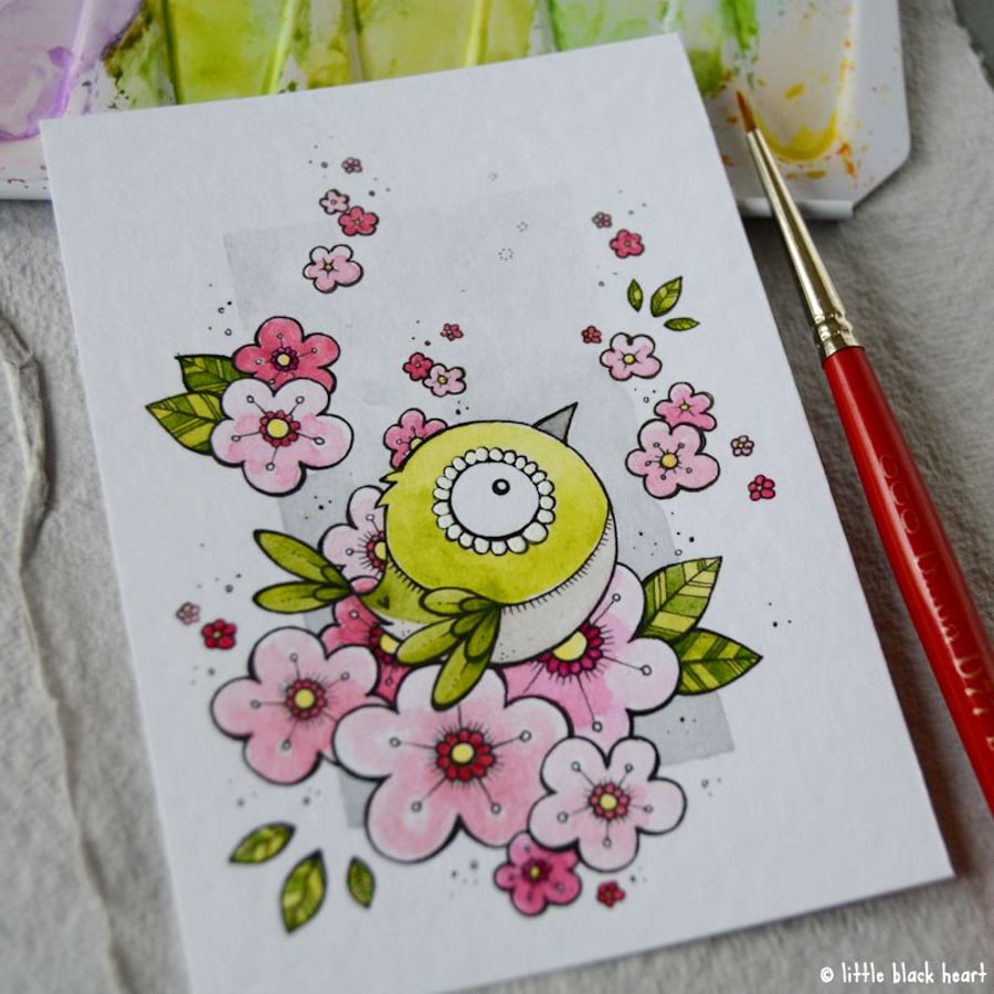 white-eye in the cherry blossom - original aceo
