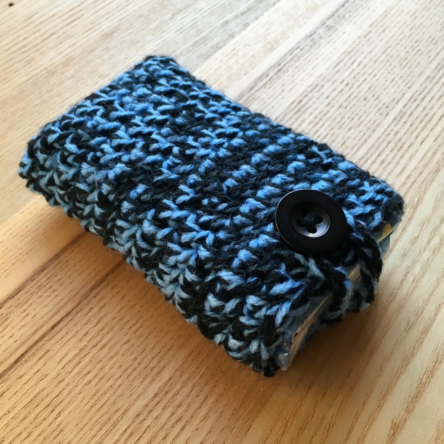 Blue and Black Marl Crochet Travel Tissue Pouch with Button