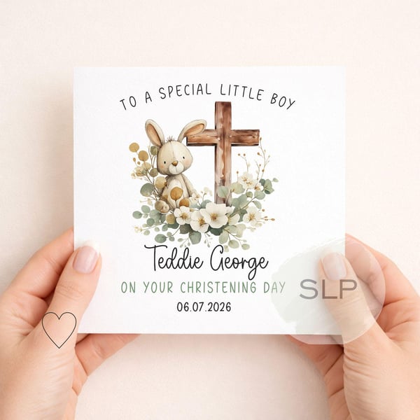 Personalised Christening Card for Little Boy Bunny & Cross Baptism Card