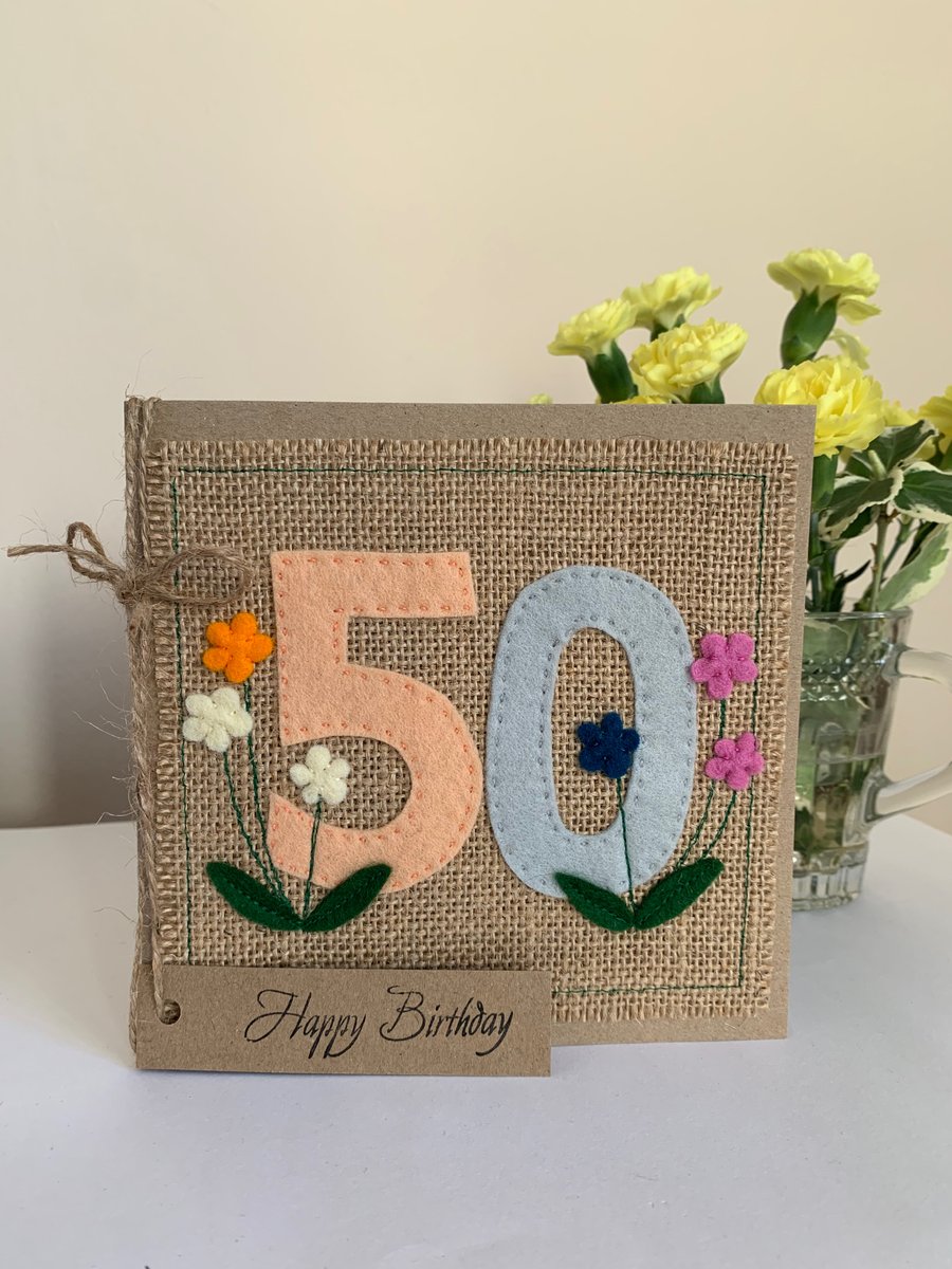 Handmade 50th Birthday Card. Keepsake Card. Textile Card.