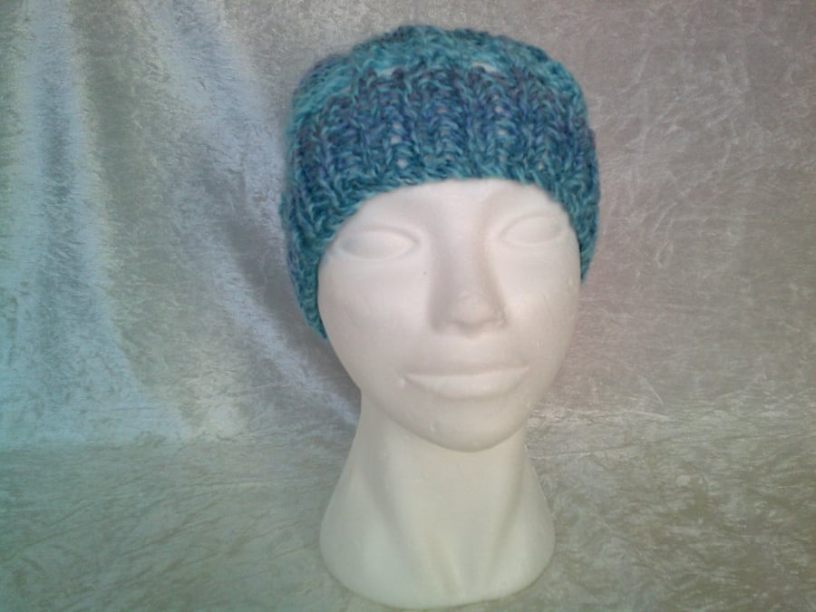 Ladies Lacy Bobble Hat in Blues and Greens