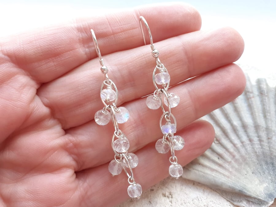 Faceted Moonstone and Sterling Silver Waterfall Earrings