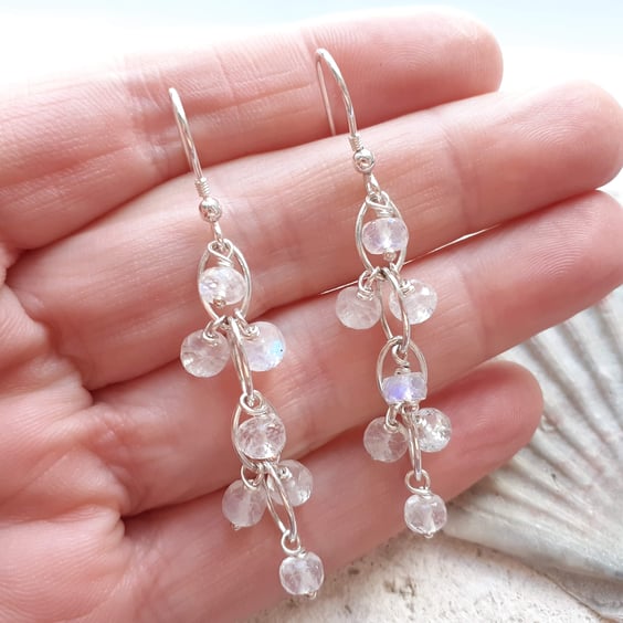 Faceted Moonstone and Sterling Silver Waterfall Earrings