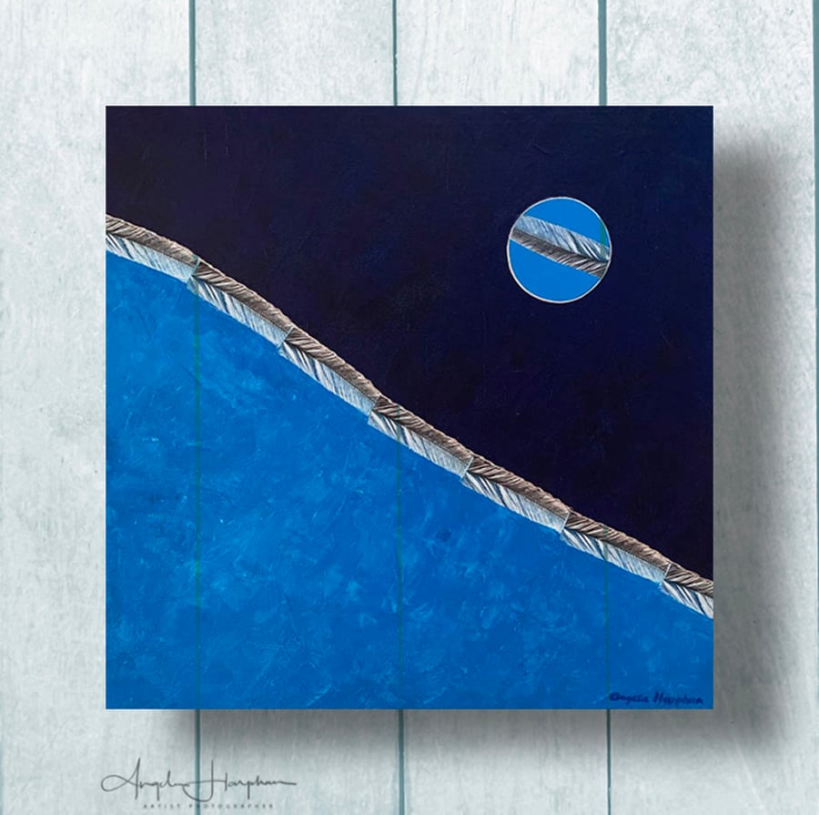 Mixed Media Painting with Etchings Box Canvas - Ocean Moon