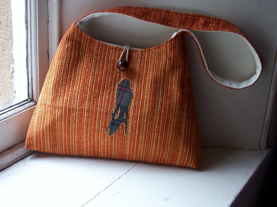 Grazing deer applique,  fabric shoulder bag  in tweed and tartan 