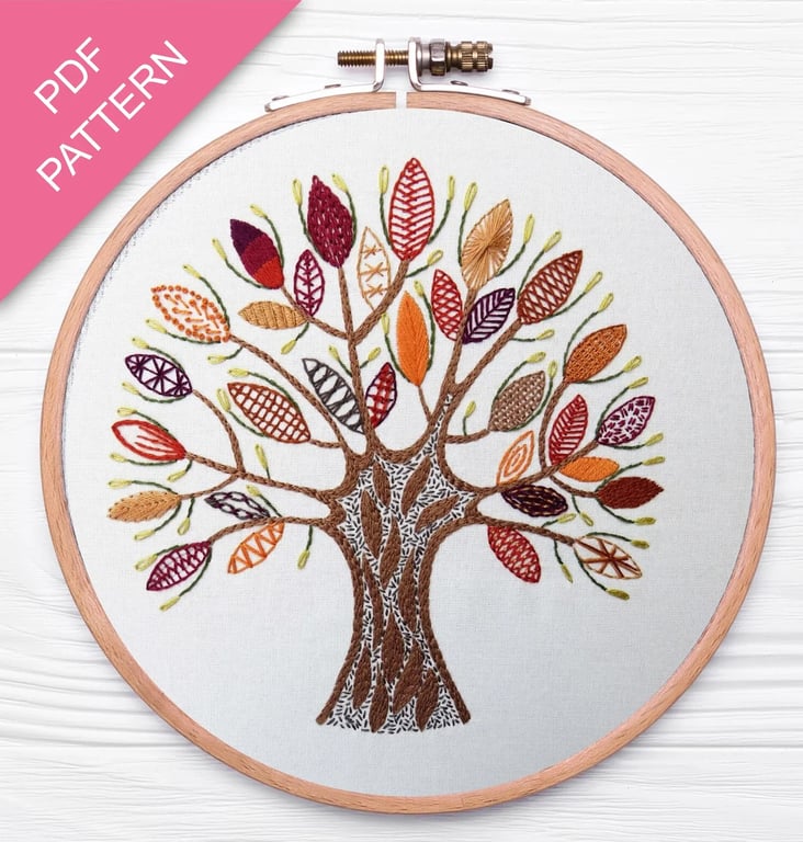 Stitch Fun with Leaves Hand Embroidery PDF Pattern