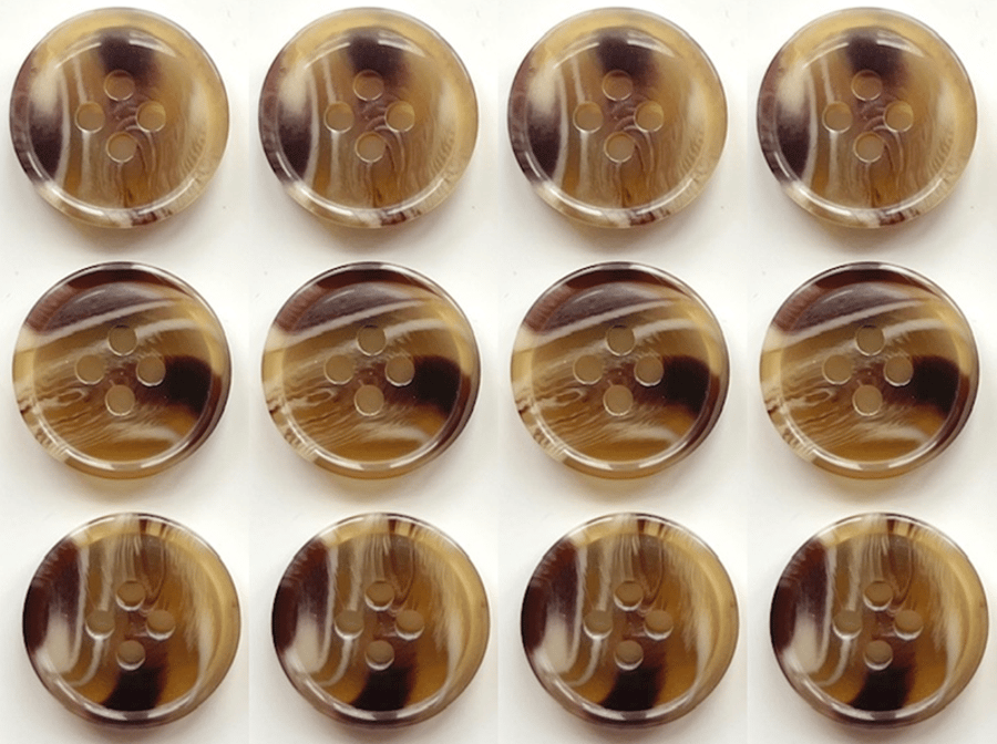 12 Marble Effect Buttons, Brown, 15mm, Variegated, Woodgrain, Natural Finish
