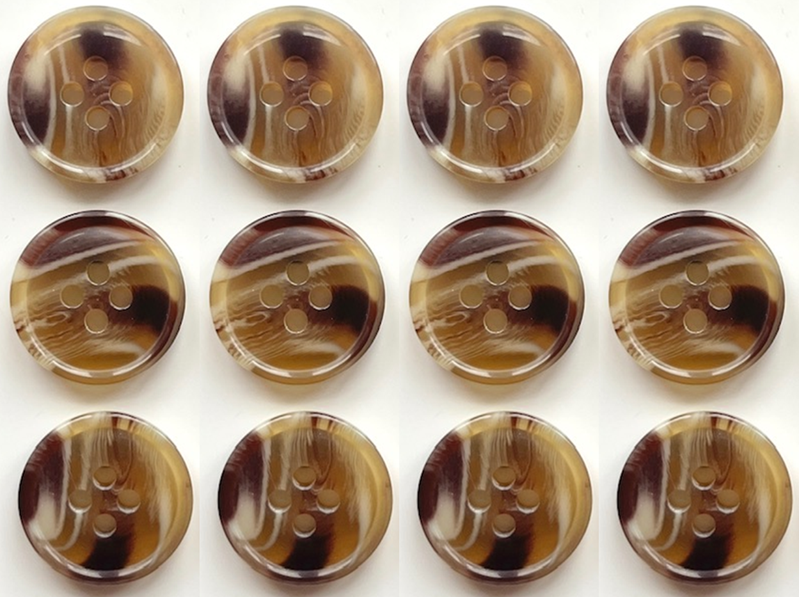 12 Marble Effect Buttons, Brown, 15mm, Variegated, Woodgrain, Natural Finish