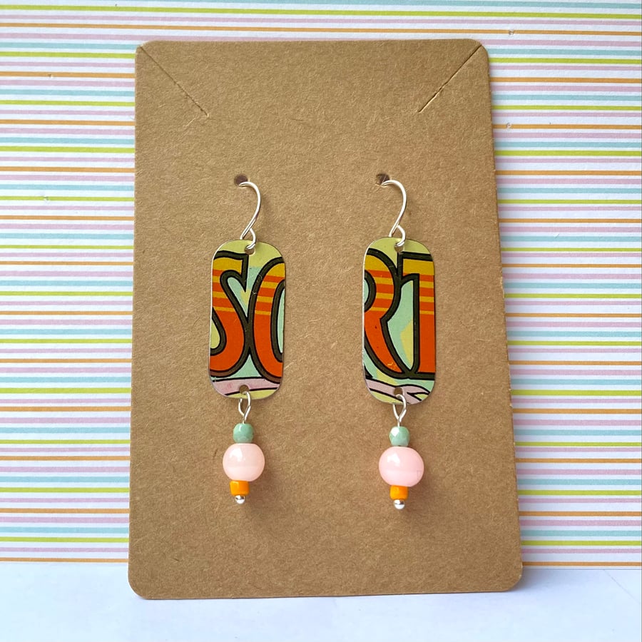 Recycled vintage tin orange graphic letters beaded earrings