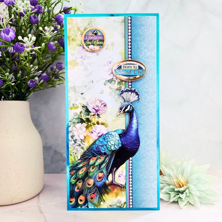 Motivational Peacock Card For Her Or Him In Teal-Turquoise Colours