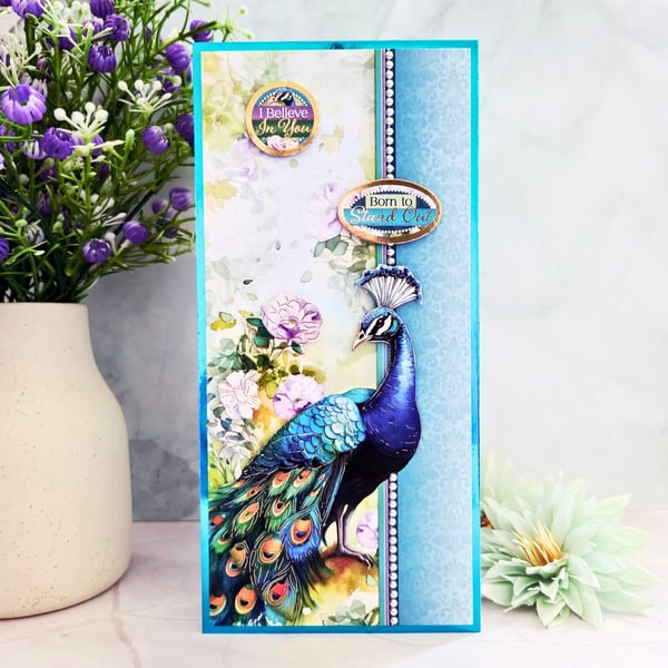 Motivational Peacock Card For Her Or Him In Teal-Turquoise Colours