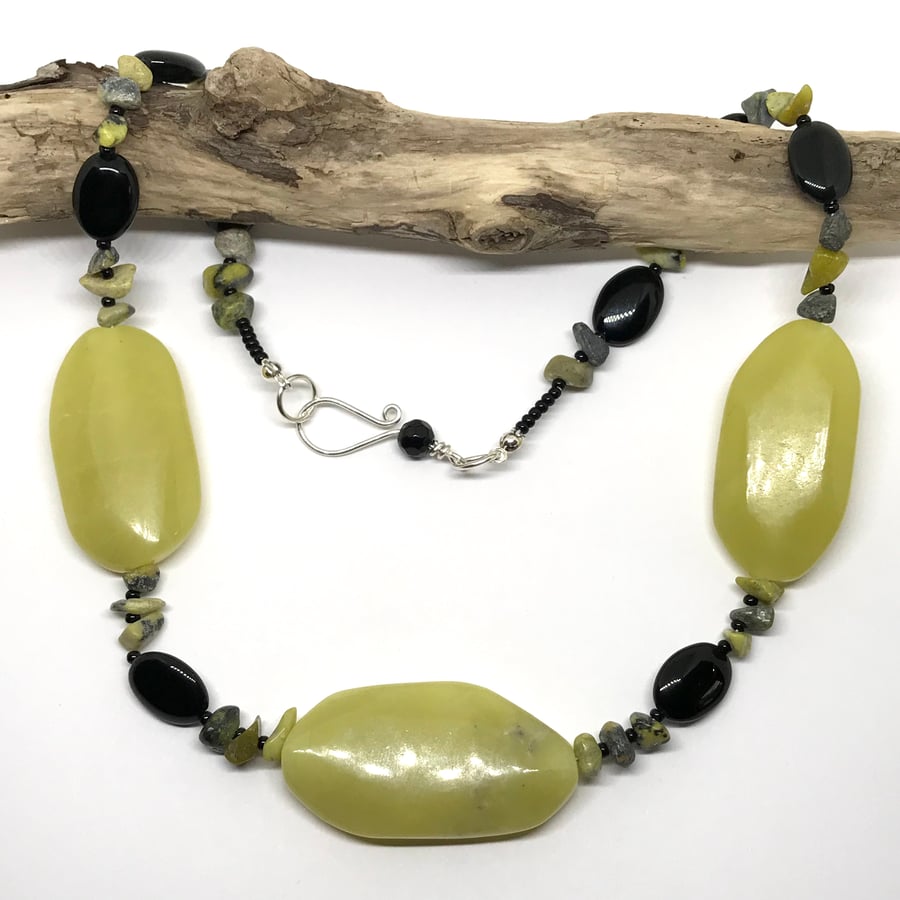 Statement Gemstone Necklace, Jade, Black Agate & Yellow Turquoise Chips