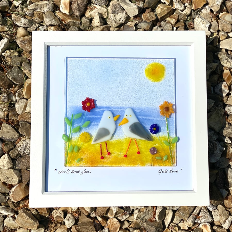 Fused glass seagull “gull love” picture 