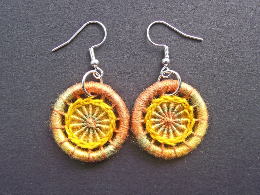 Drop or Dangle Earrings, Dorset Buttons, Variegated Gold Silk Thread