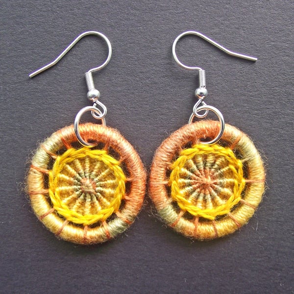 Drop or Dangle Earrings, Dorset Buttons, Variegated Gold Silk Thread